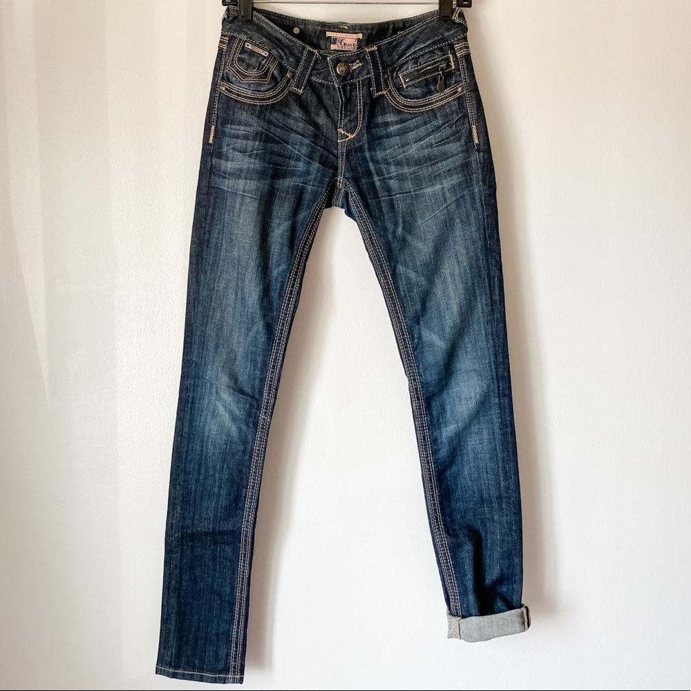 Express dark wash skinny jeans